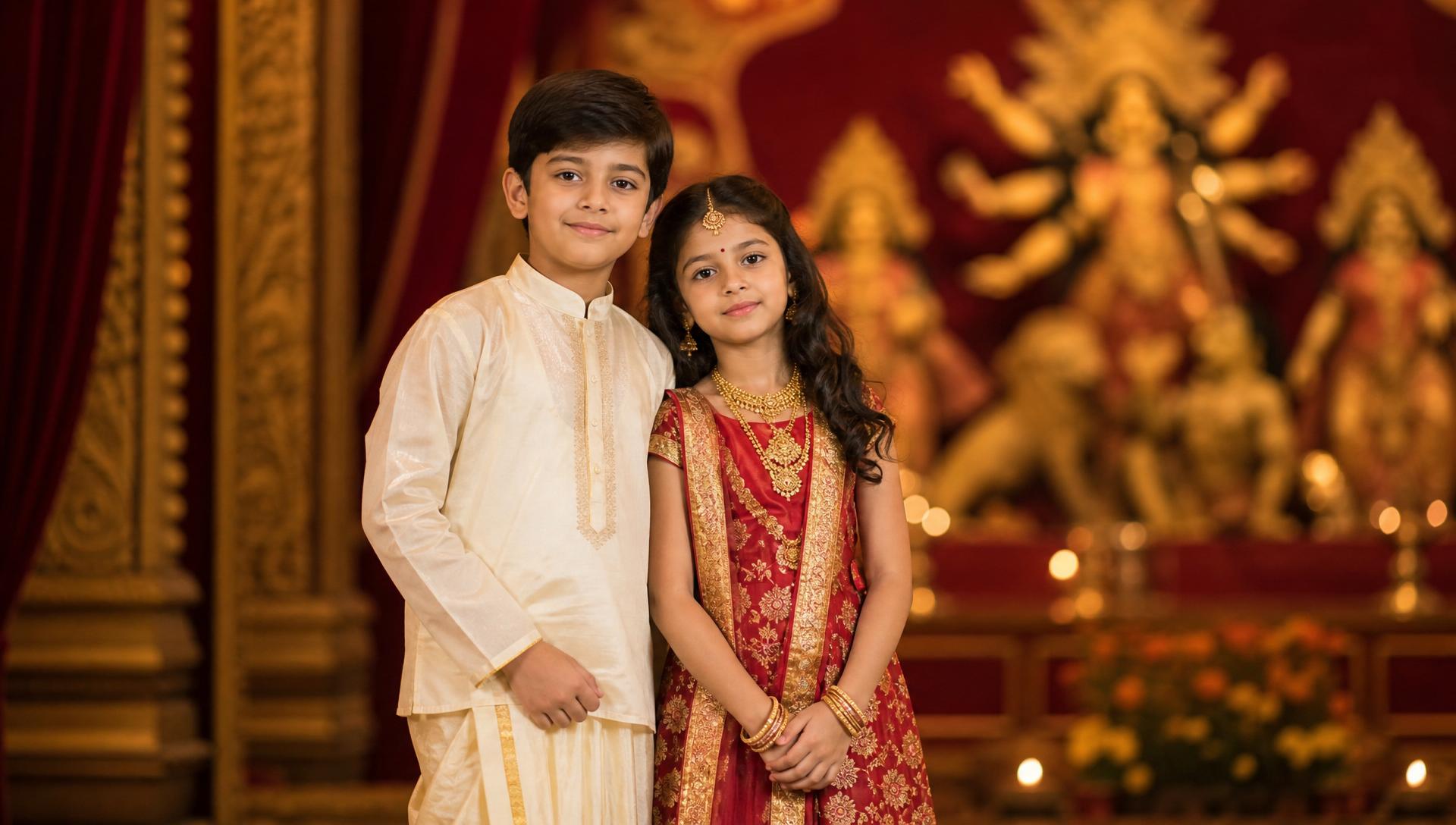 Heritage for the Next Generation — Bengali boy in dhoti-panjabi and girl in traditional lehenga at a Durga Puja pandal